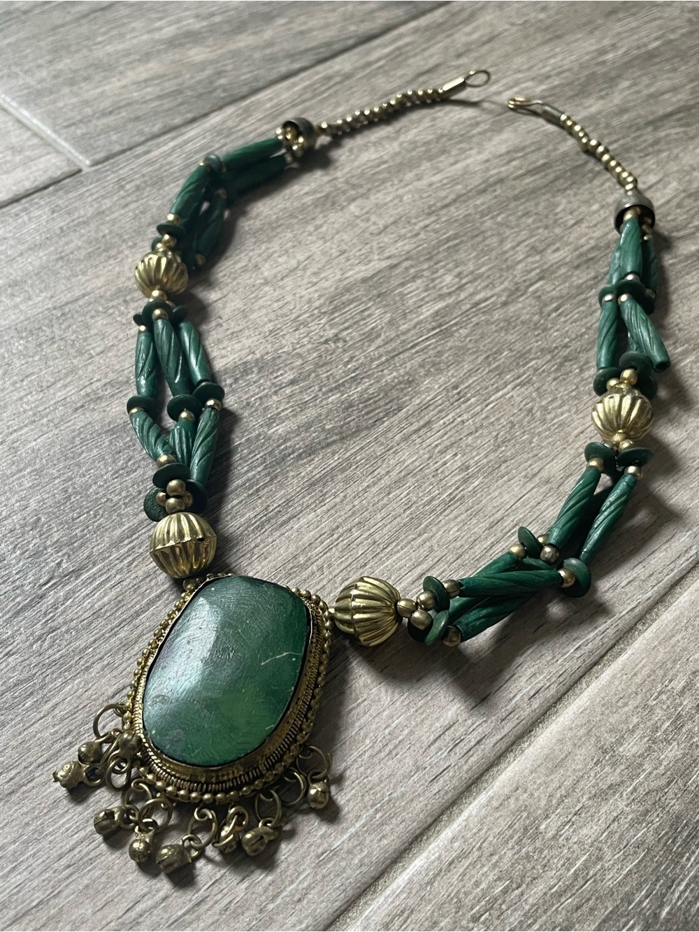 Green Beaded Pendant Necklace with Gold Accents